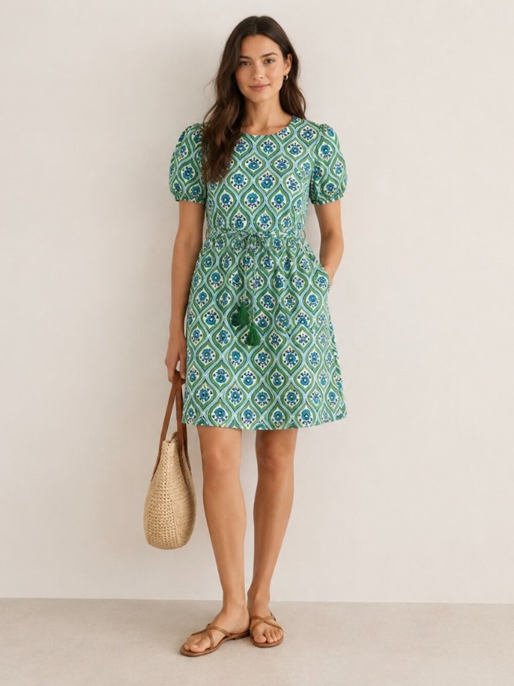 Boden Green Blue Medallion Geo Print Mini Dress Pockets Sz 12 Tasseled Belt
